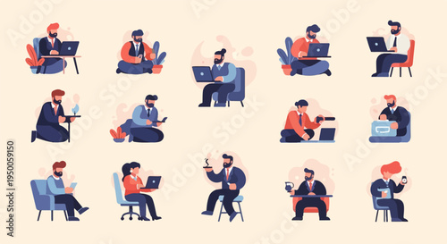 Flat illustrations of people in business attire engaged in various activities