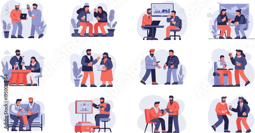 Flat illustrations of people interacting in various casual business and social settings