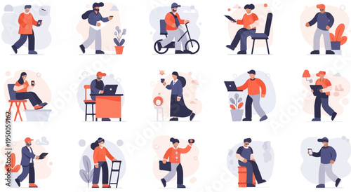 Flat illustrations of people interacting with technology and their environment