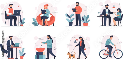 Flat illustration of people engaged in various daily activities