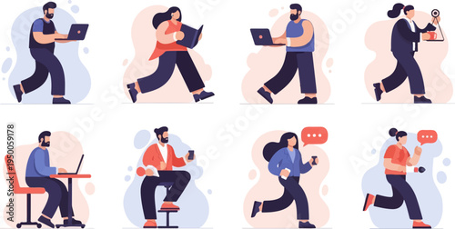 Flat illustration of people engaged in various work and leisure activities