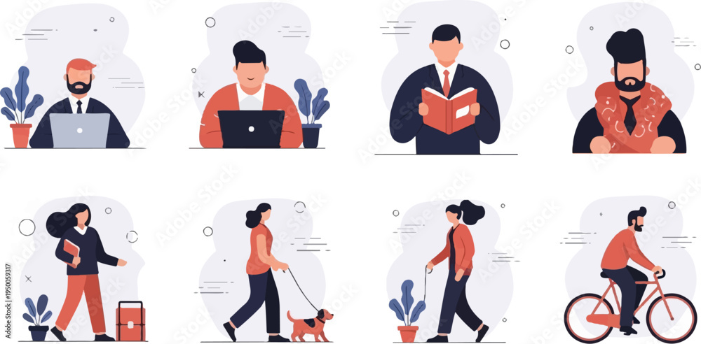 Fototapeta premium Flat illustration of people working, reading, walking, and cycling in diverse activities