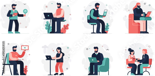Flat illustration of people working on laptops and interacting