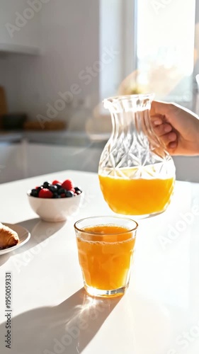 Person hand pouring fresh orange juice from a glass jug into a drinking glass. Healthy morning breakfast setup with berries and croissant on a white kitchen counter in bright sunlight