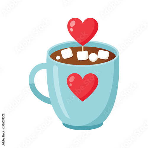 A light blue ceramic mug filled with hot chocolate featuring marshmallow toppings and heart decor