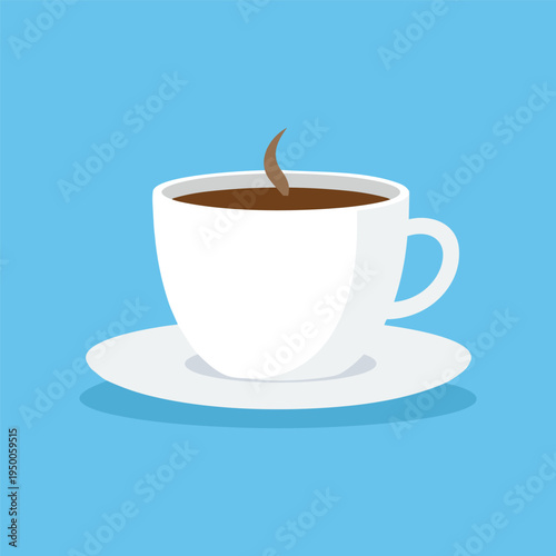 A simple flat illustration of a white ceramic coffee cup and saucer set against a blue background