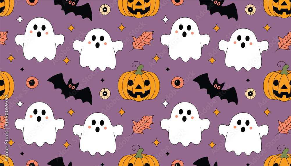 Fototapeta premium Seamless halloween pattern featuring cute ghosts, jack-o-lantern pumpkins, bats and autumn leaves