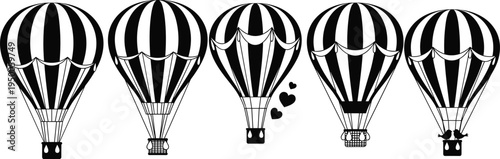 Hot air balloon silhouettes collection, vintage striped balloons flying travel adventure sky transport vector illustration set isolated