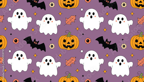 Seamless halloween pattern featuring cute ghosts, jack-o-lantern pumpkins, bats and autumn leaves