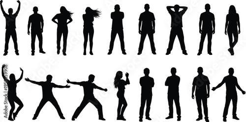 people, silhouette, collection, standing, dancing, posing, jumping, lifestyle, human, action, movement, confidence, energy, casual, body, gesture, active, expression, character, set