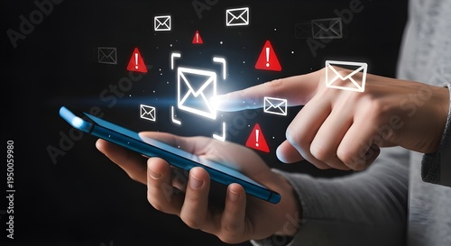 Receiving Unwanted Digital Mail: Hand Interacting with Phone and Warning Icons