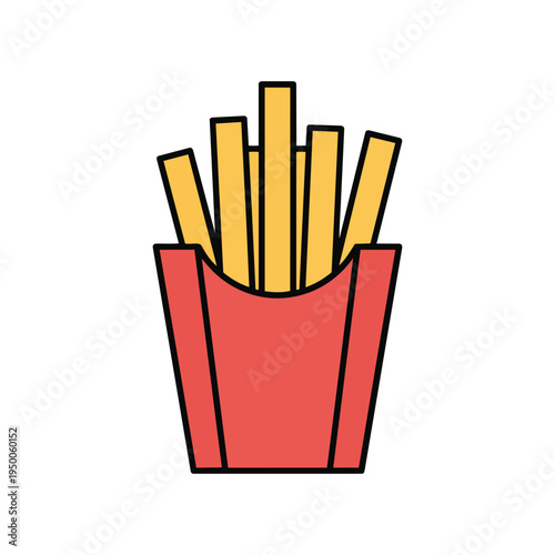 A simple flat illustration of a classic paper container filled with crispy golden french fries
