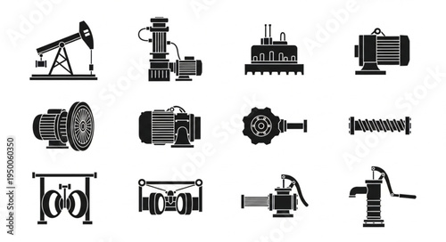 Industrial Machinery and Equipment Icons - Oil Pumps, Motors, and Components.