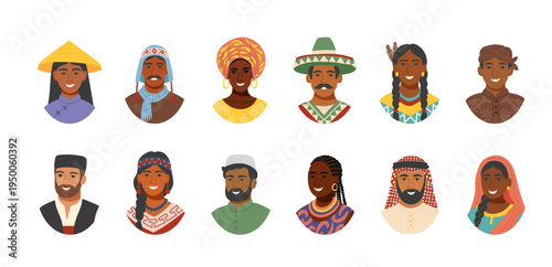 Set of people avatars in traditional clothing isolated on white. Concept of equality, cultural diversity, friendship, inclusion. Vector flat cliparts.
