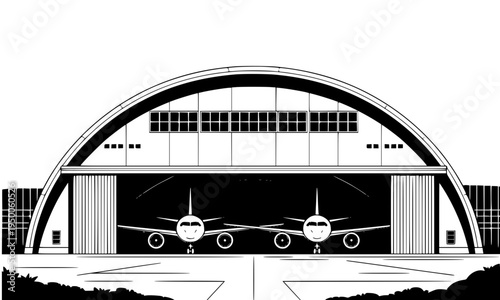 Black and white illustration of a commercial airplane parked inside a large aviation hangar, depicting aircraft maintenance, airport infrastructure, and modern aviation industry concepts