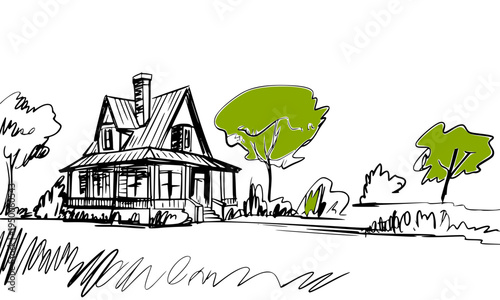 Hand-drawn sketch illustration of a charming countryside house with green trees and lush garden, depicting suburban real estate, architecture, and peaceful rural home living
