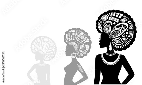 Elegant black and white silhouettes of African women with decorative tribal head wraps, a stylish illustration representing African culture, beauty, and traditional fashion
