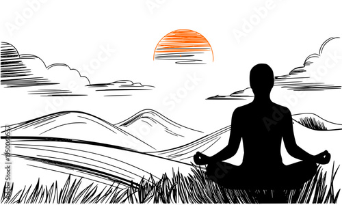 Silhouette of a person meditating in lotus pose at sunset with scenic mountain landscape, a serene hand-drawn sketch illustration representing yoga, mindfulness, and inner peace