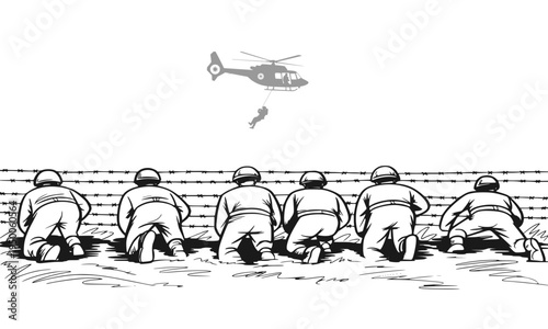  Black and white sketch illustration of soldiers kneeling on ground watching a military helicopter rescue operation, depicting war, combat, and army mission in hand-drawn style