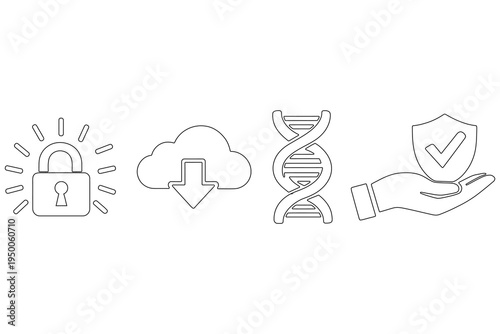 Vector graphic illustration of security icons including a padlock, cloud download, DNA helix, and shield with a checkmark in a hand