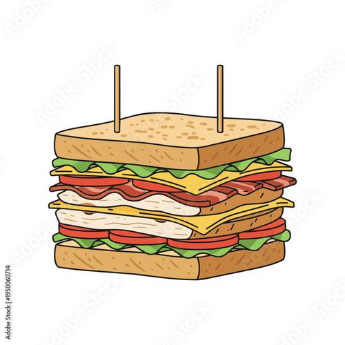 A delicious looking double decker club sandwich with toothpicks isolated on a white background