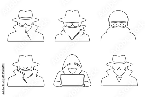 Minimalist vector graphic illustration of six anonymous hackers with various disguises and a person using a laptop