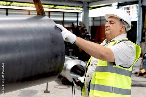 Industrial senior engineer supervisor foreman with safety vest and white helmet working with machinery to lift a large pipe up at manufacturing plant metal factory. Worker operating machine at factory