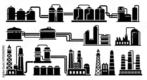 Silhouette Industrial Plant and Factory Structures - A Vector Illustration.