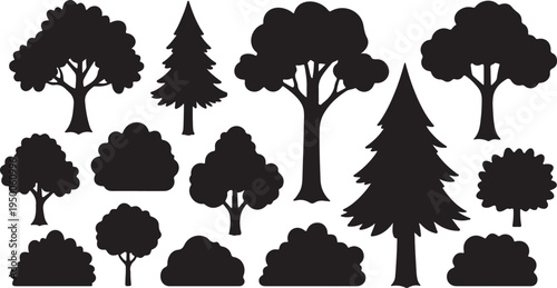 Cartoon Tree and Bush Set with Pine Fir Oak Elm and Ash