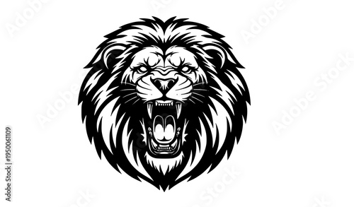 Roaring lion head black and white vector mascot logo with fierce expression and majestic mane