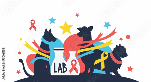 Three black dogs with colorful ribbons and signs supporting awareness causes together