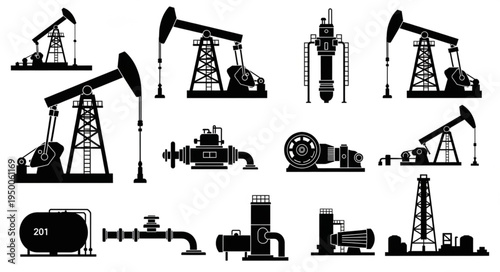 Silhouette Collection of Oil and Gas Industry Equipment.
