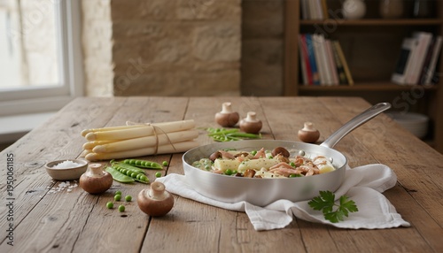 Rustic white asparagus fricassee with mushrooms on wood