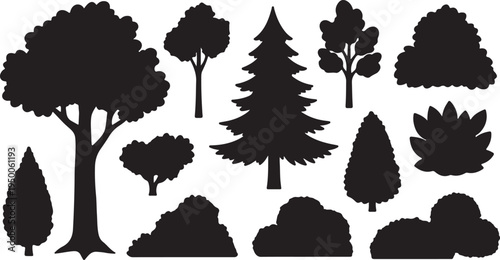 Cartoon Tree and Bush Set with Pine Fir Oak Elm and Ash