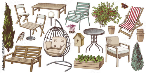 Garden furniture hand drawn vector set