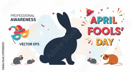 April fools' day celebration with a large black rabbit and small mice colorful confetti