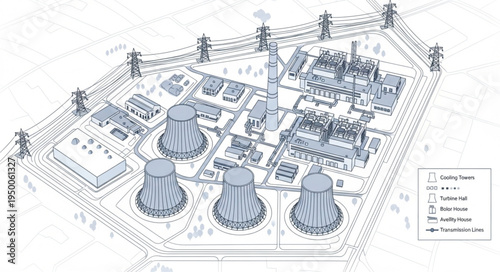 Detailed Architectural Rendering of a Nuclear Power Plant Complex.
