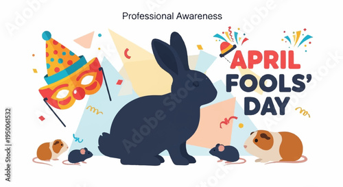 Colorful april fools' day illustration with rabbit guinea pigs party hat and confetti