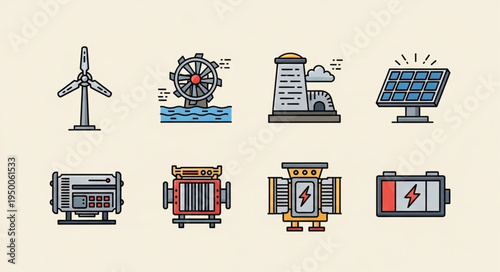 Diverse Renewable Energy Sources and Storage Solutions Illustration.