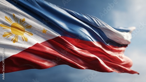 Philippines national flag showing its iconic red, blue, and white stripes, along with the golden sun and stars, billowing dynamically in the wind under a bright sky