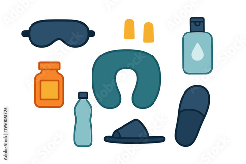 Travel essentials for a comfortable journey including a sleep mask, neck pillow, and toiletries