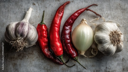 Fresh Garlic, Red Chili Peppers, and Onion Arrangement on Rustic Surface for Culinary Creations and Healthy Cooking