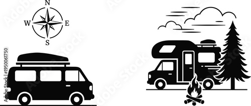 minimalist, camper, van, camping, adventure, travel, silhouette, roadtrip, rv, campsite, campfire, forest, compass, navigation, outdoor, exploration, wanderlust, nature, journey, vacation