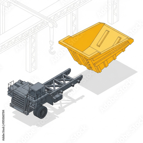 Industrial mining dump truck chassis and bucket illustration.