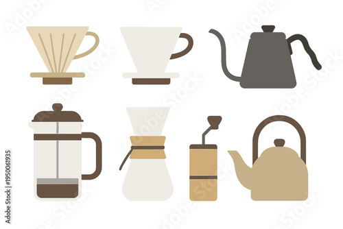 Assorted coffee brewing equipment displayed on a minimalistic background in a creative arrangement