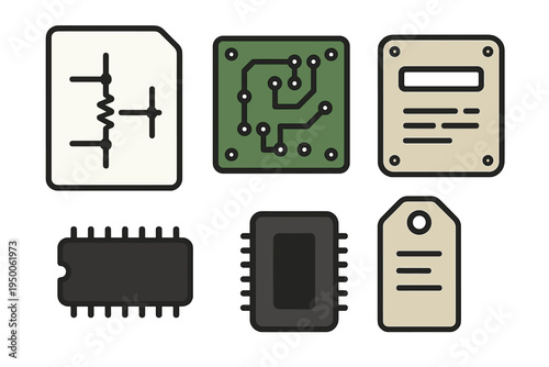 Various electronic components displayed together, showcasing circuit designs and microchips in a detailed arrangement