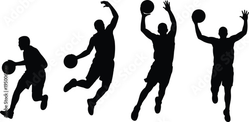 Canvastavla Basketball players silhouettes in action on white background dribbling