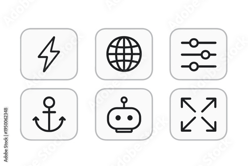 Icons representing technology, navigation, energy, and control in a modern digital context
