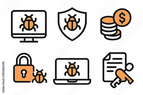 Cybersecurity icons representing malware protection, encryption, and financial security in digital systems