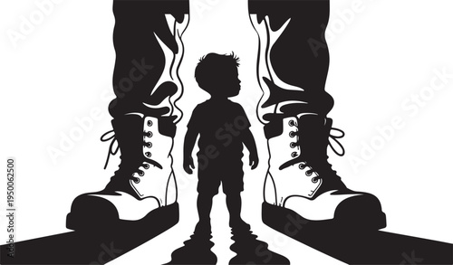 Child Standing Between Giant Shoes Silhouette white background